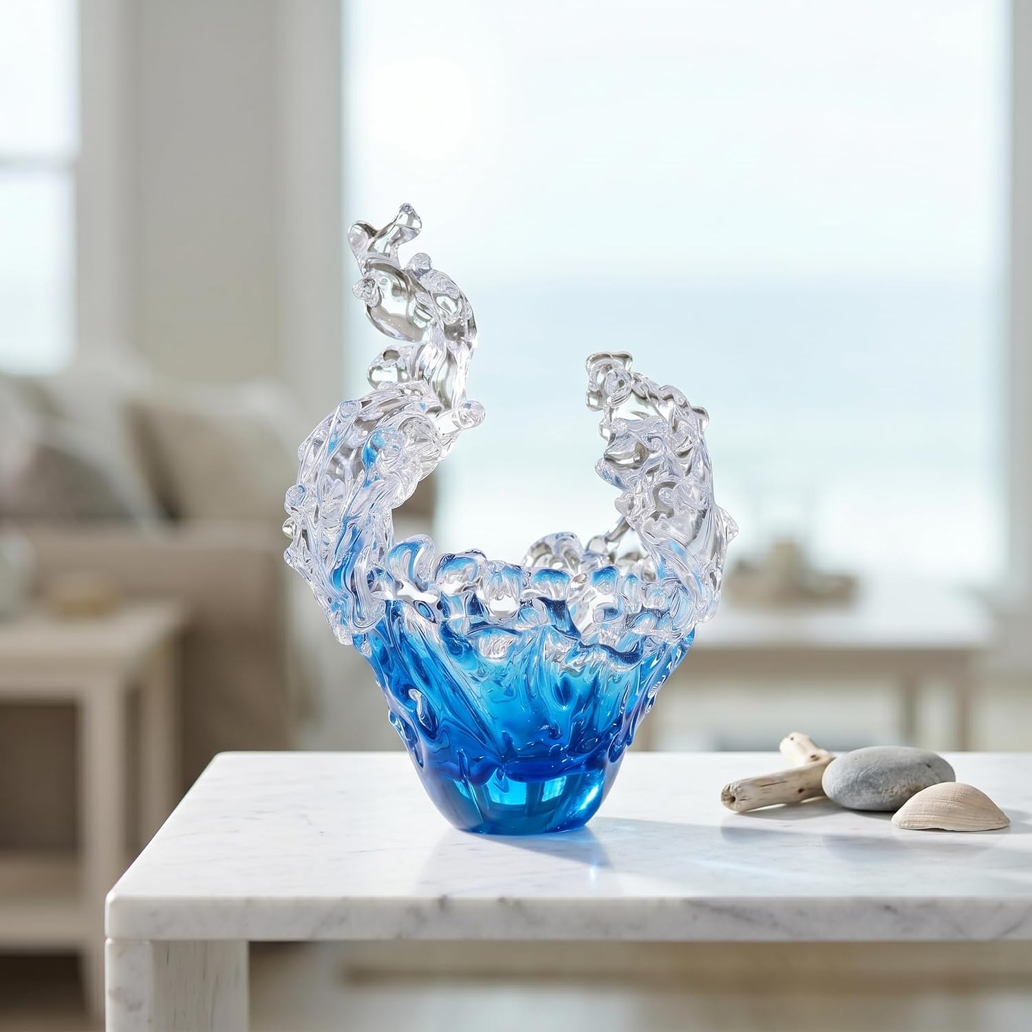 Blue and Clear Glass Wave Sculpture