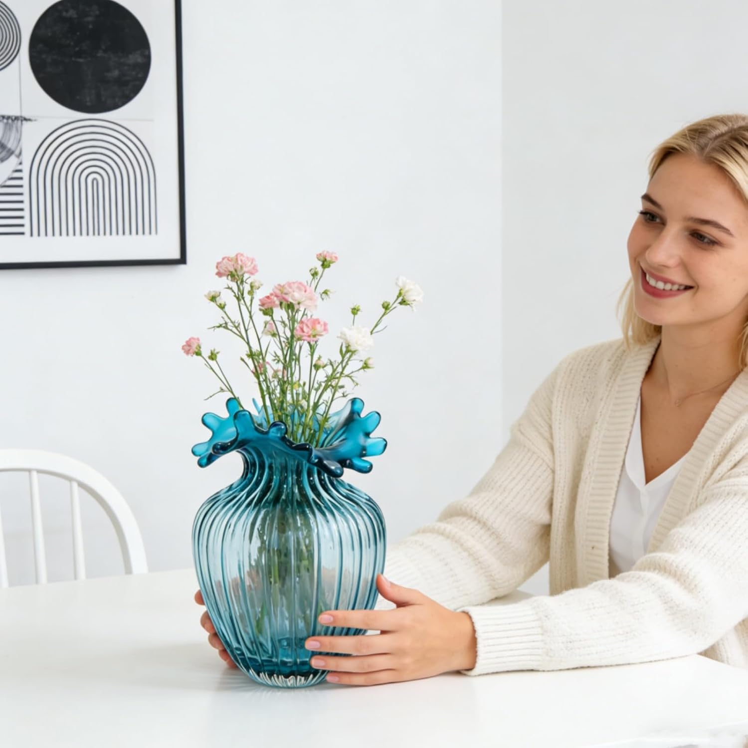 Blue Ribbed Glass Flower Vase