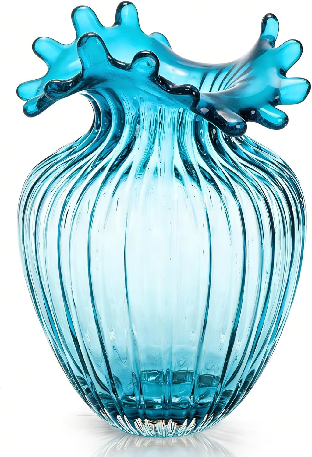 Blue Ribbed Glass Flower Vase