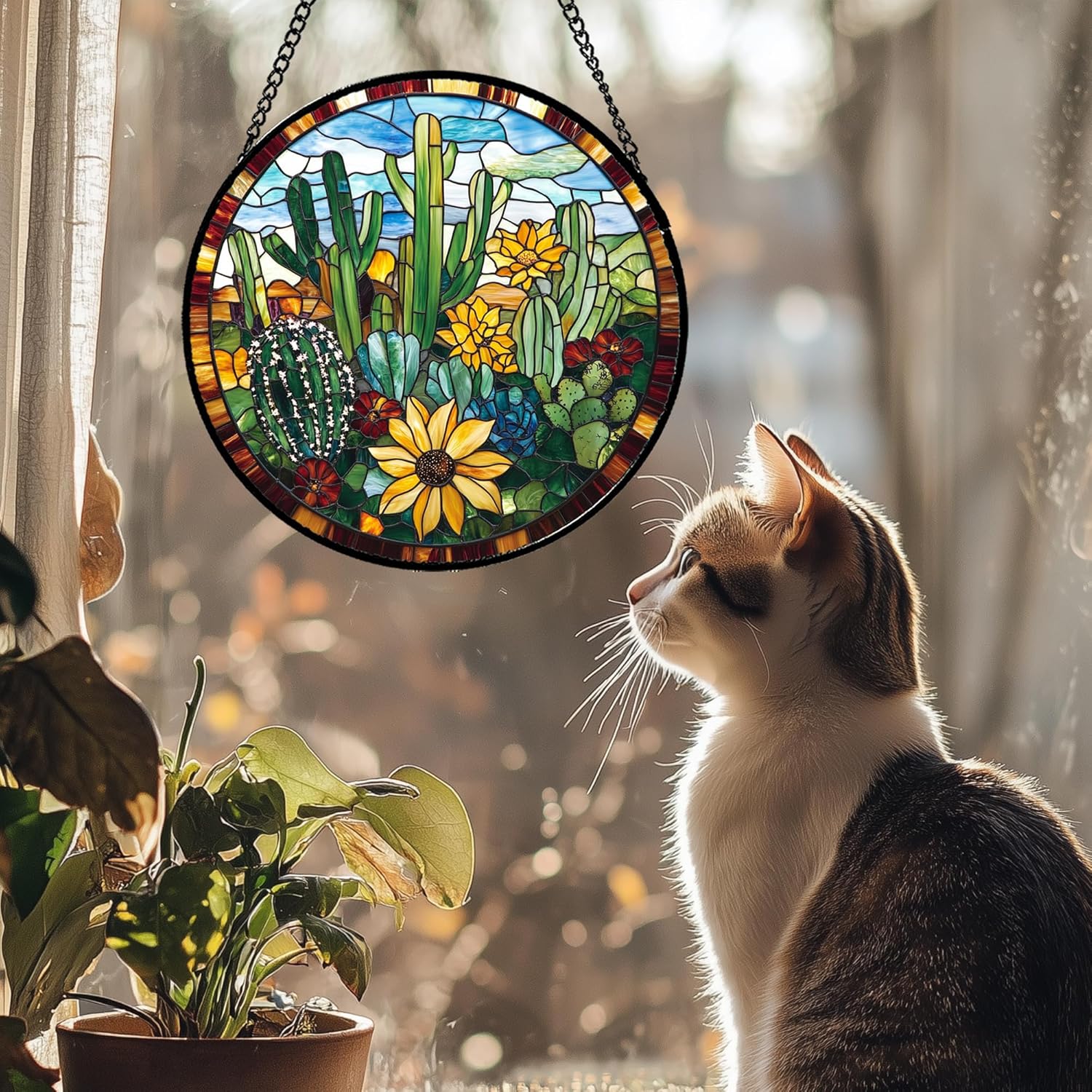Cactus and Flowers Round Suncatcher