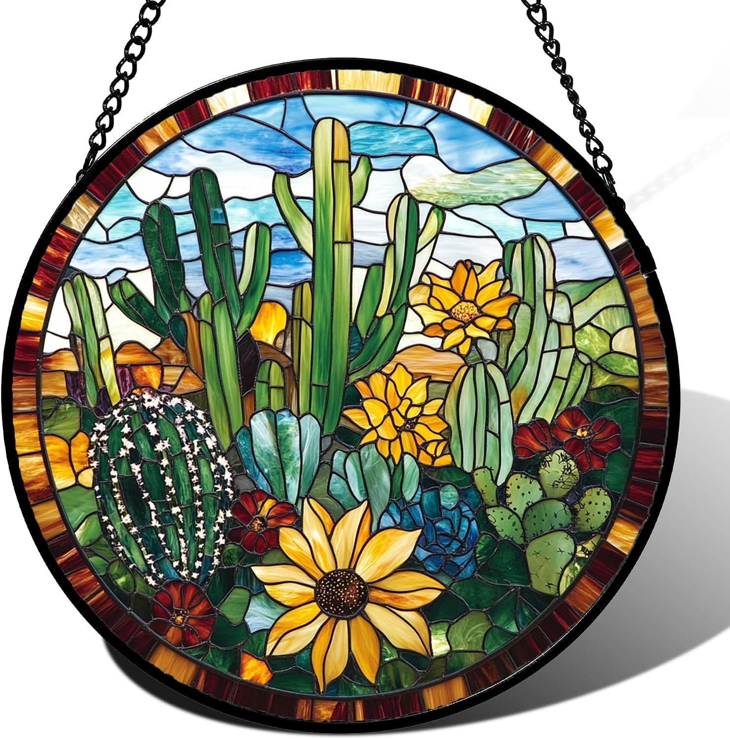 Cactus and Flowers Round Suncatcher