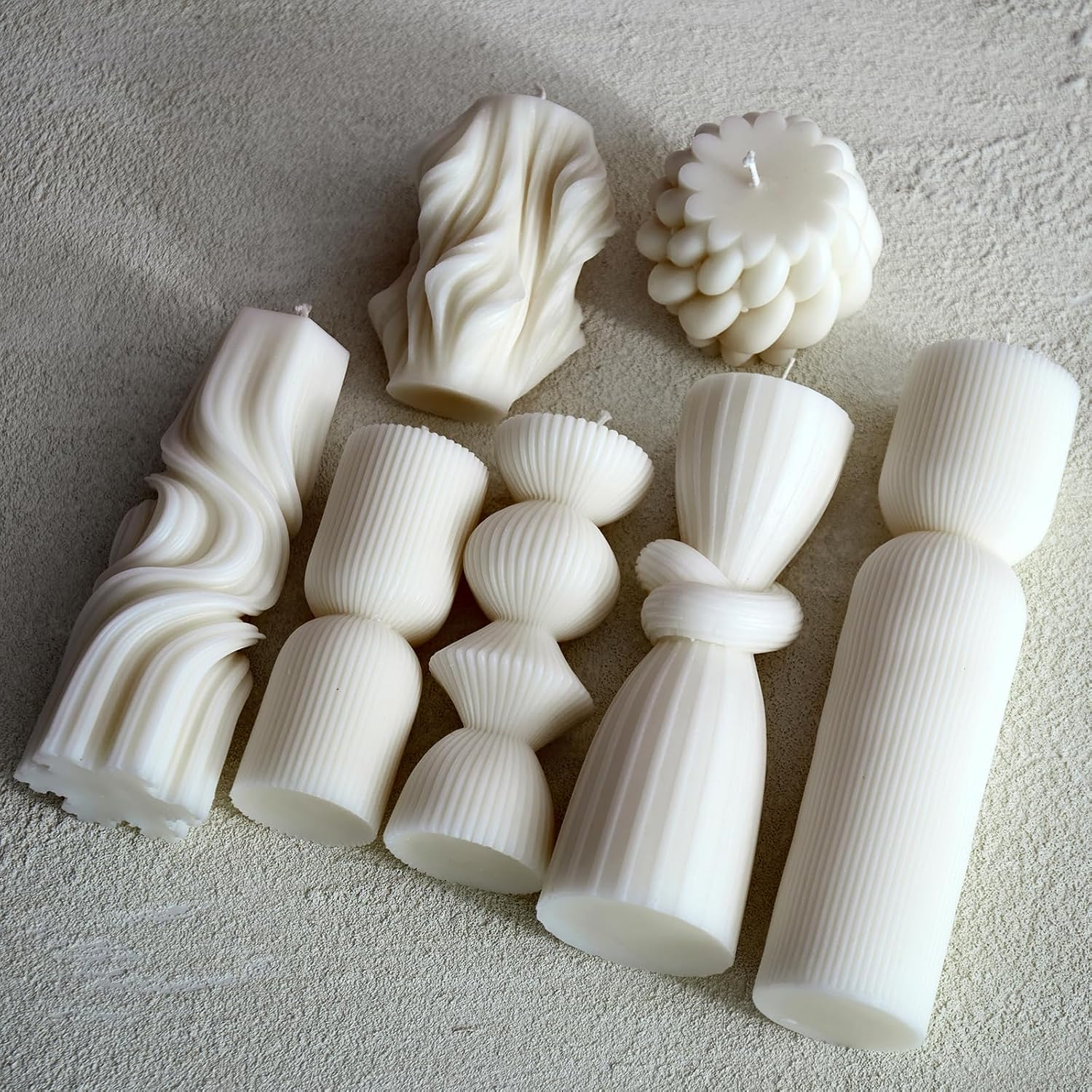 Seven White Ribbed Pillar Candles