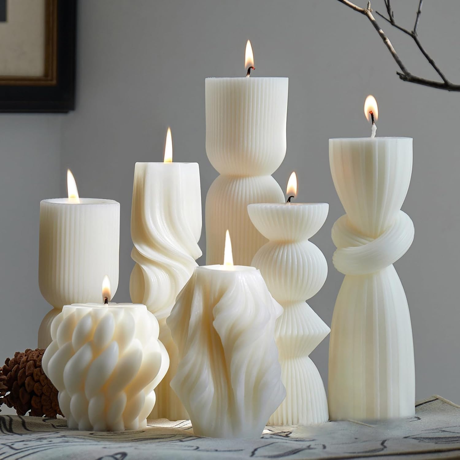 Seven White Ribbed Pillar Candles