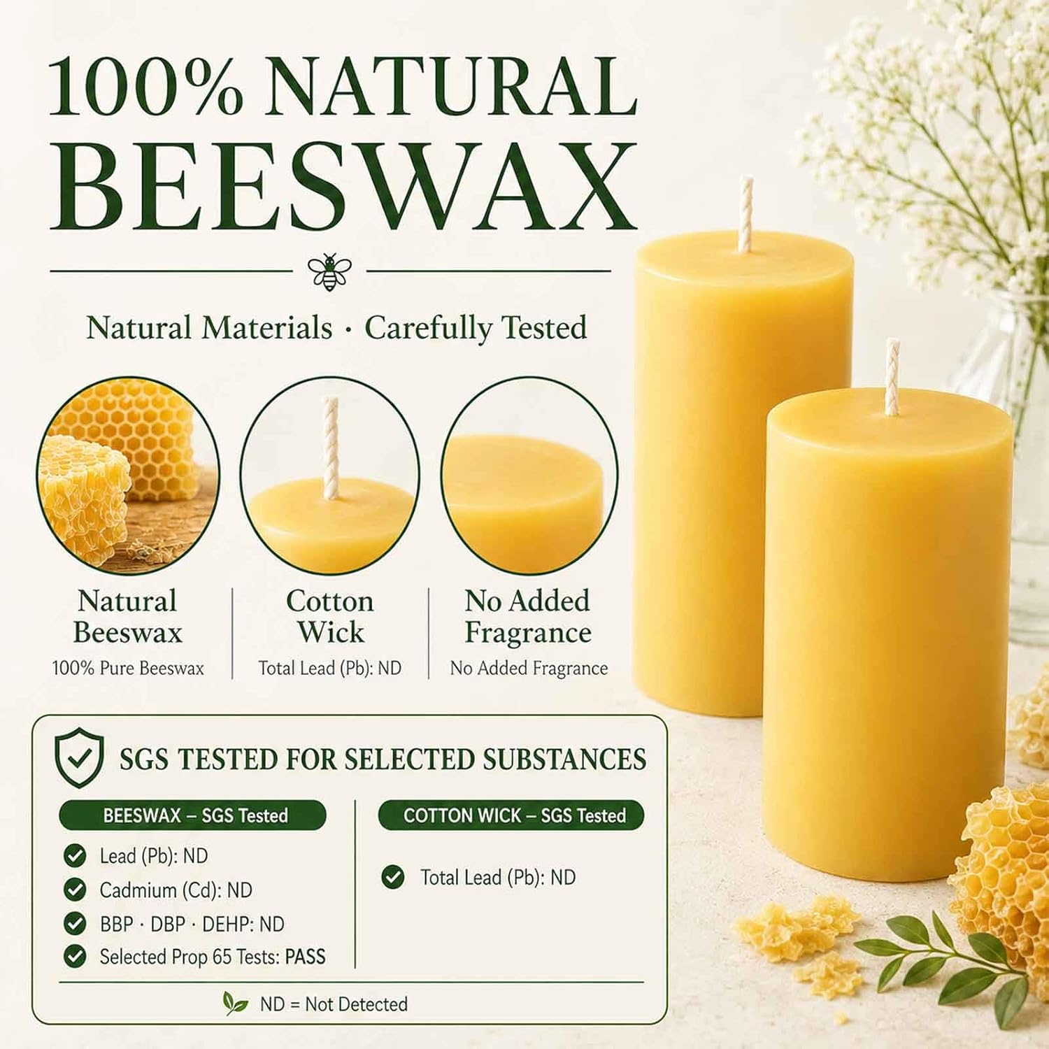 Six Unscented Beeswax Pillar Candles
