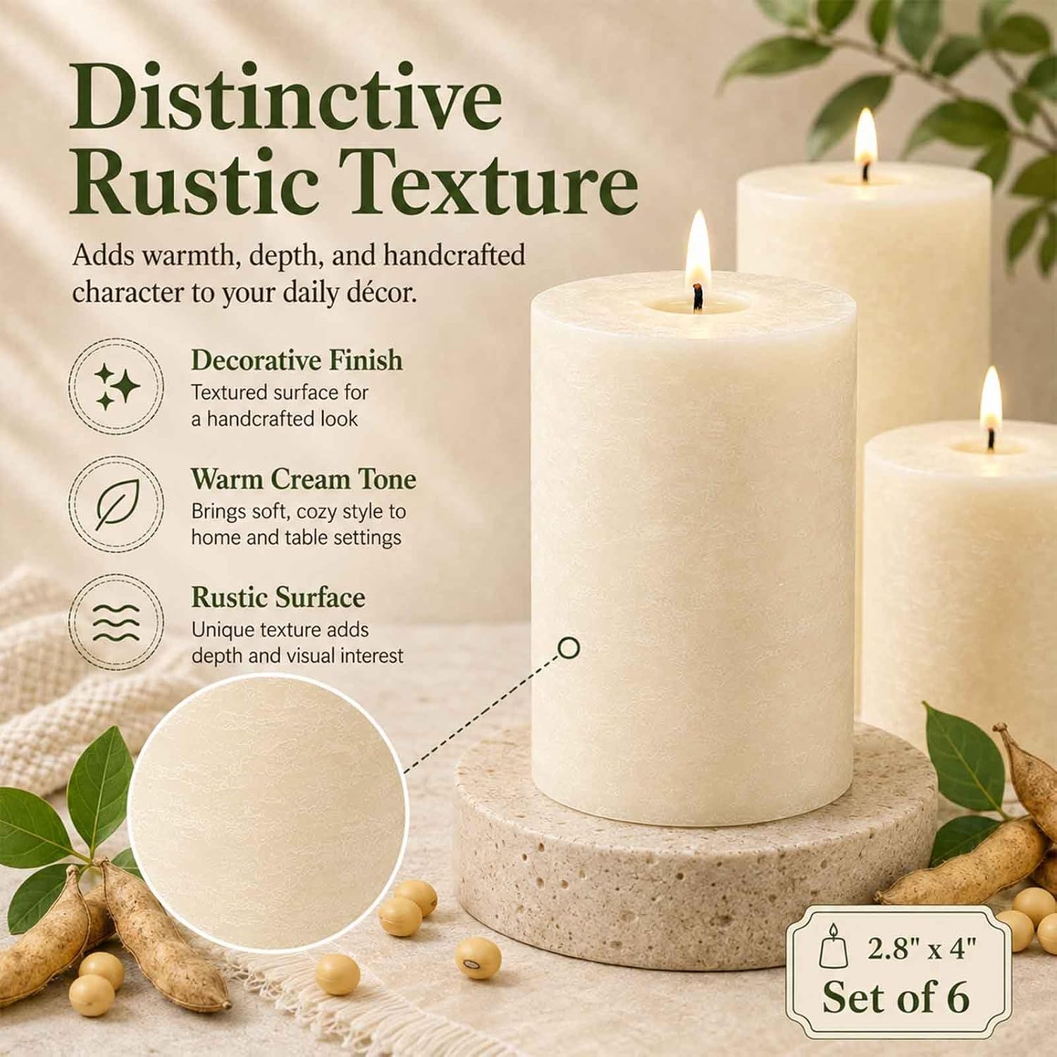 Six Unscented Cream Pillar Candles