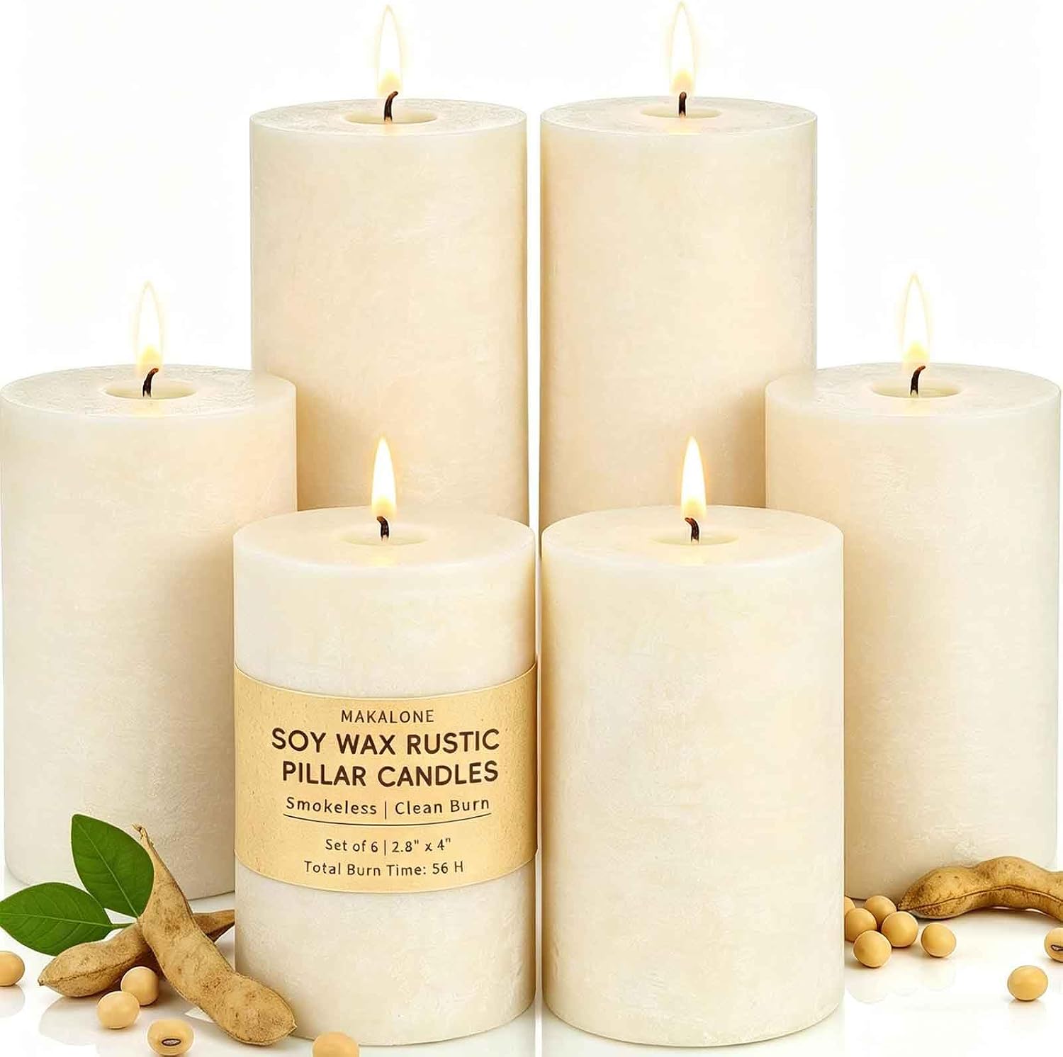 Six Unscented Cream Pillar Candles