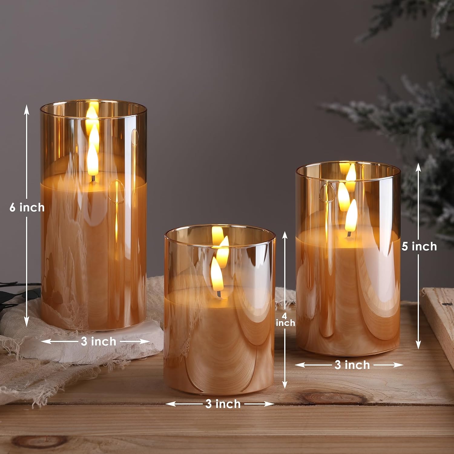 Three Amber Glass Flameless Candles