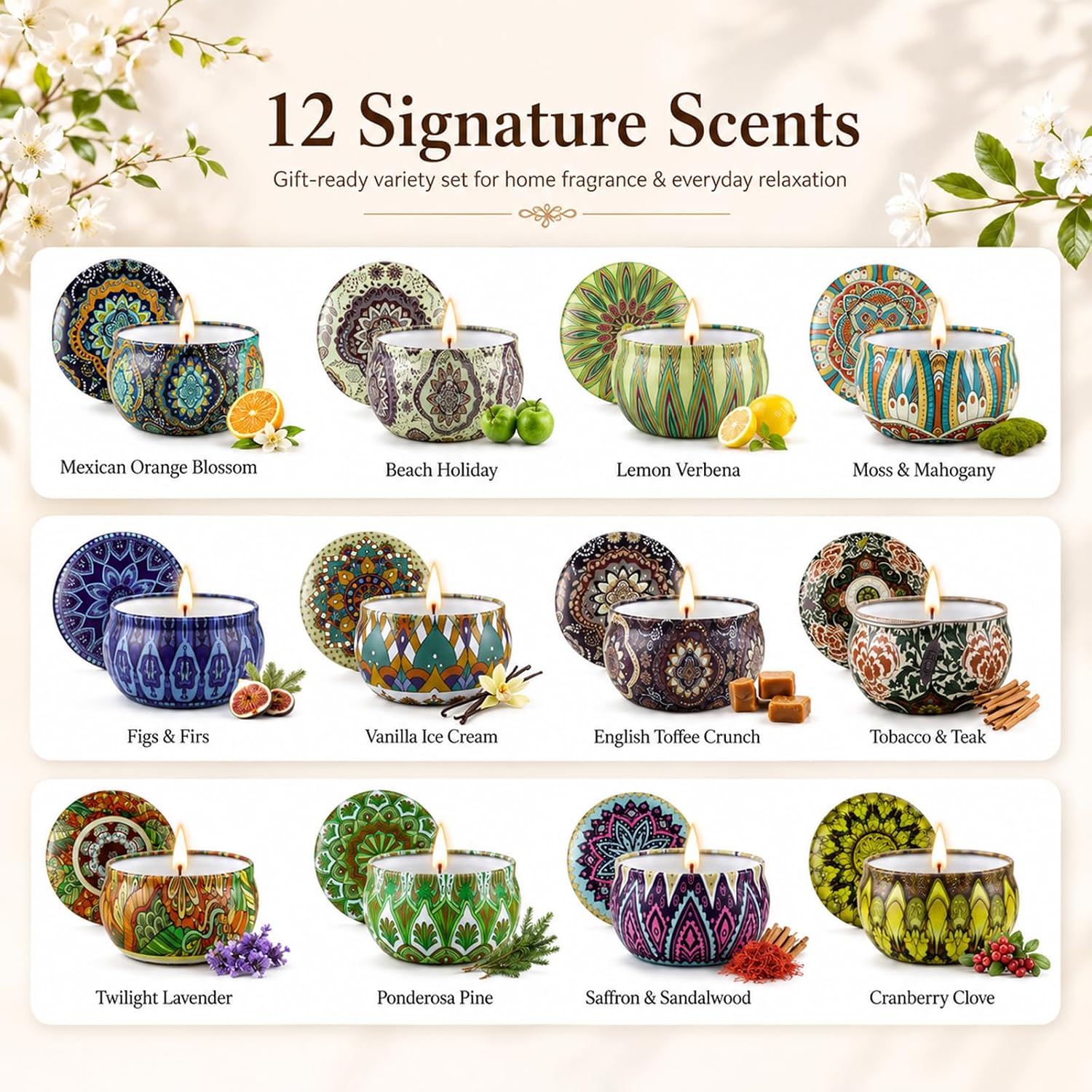 Twelve Scented Soy Wax Tin Candles