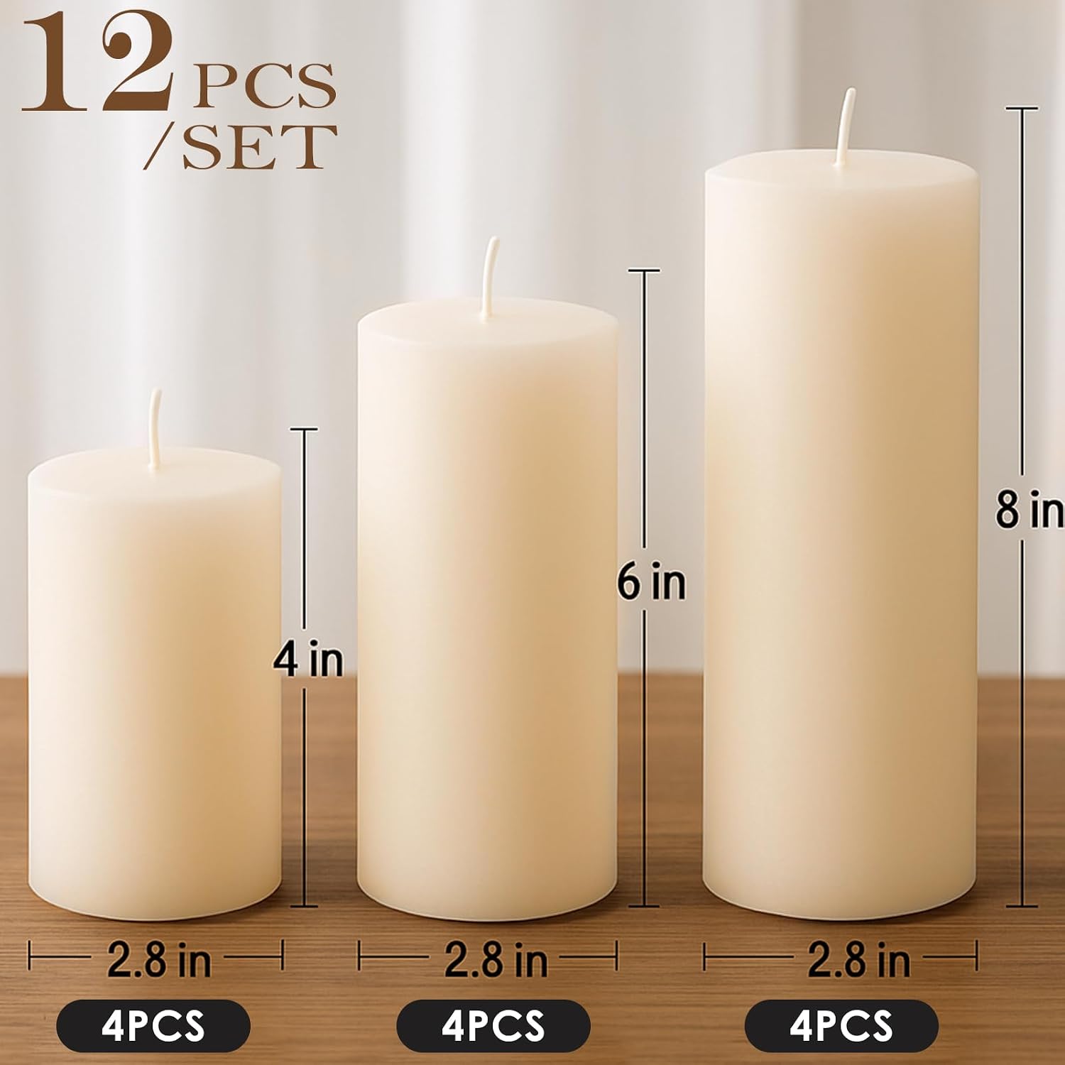 Twelve Unscented Ivory Pillar Candles
