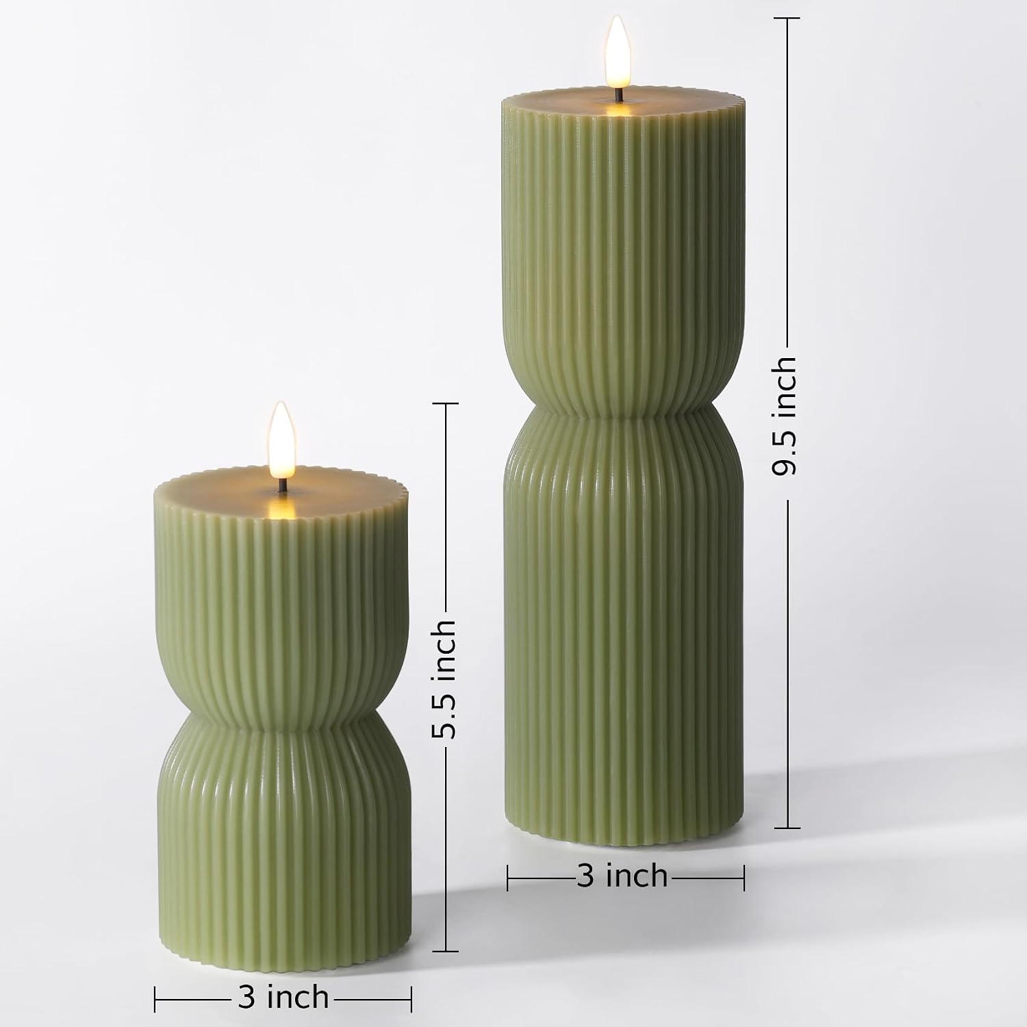 Two Olive Green Ribbed Flameless Candles