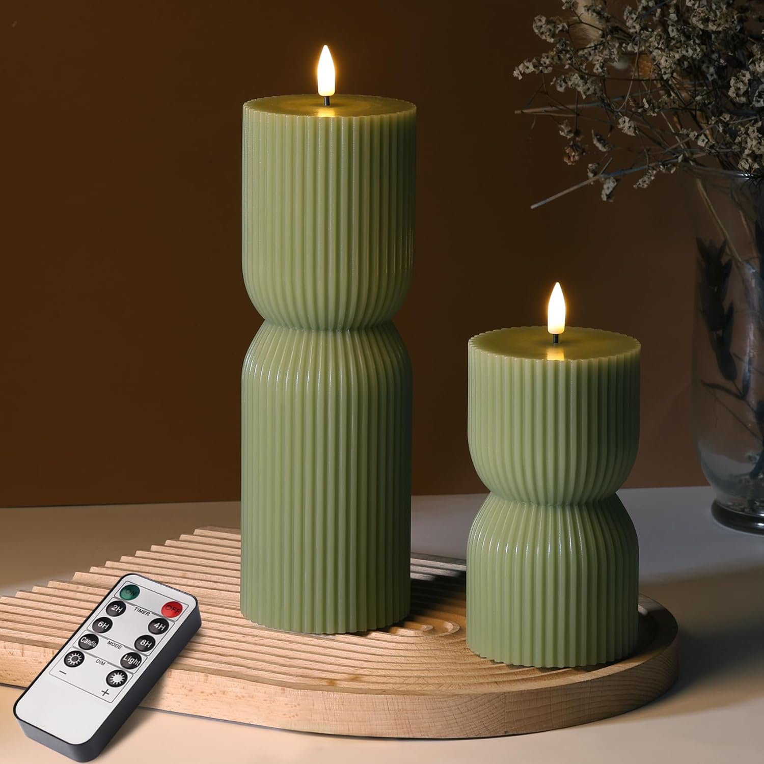Two Olive Green Ribbed Flameless Candles